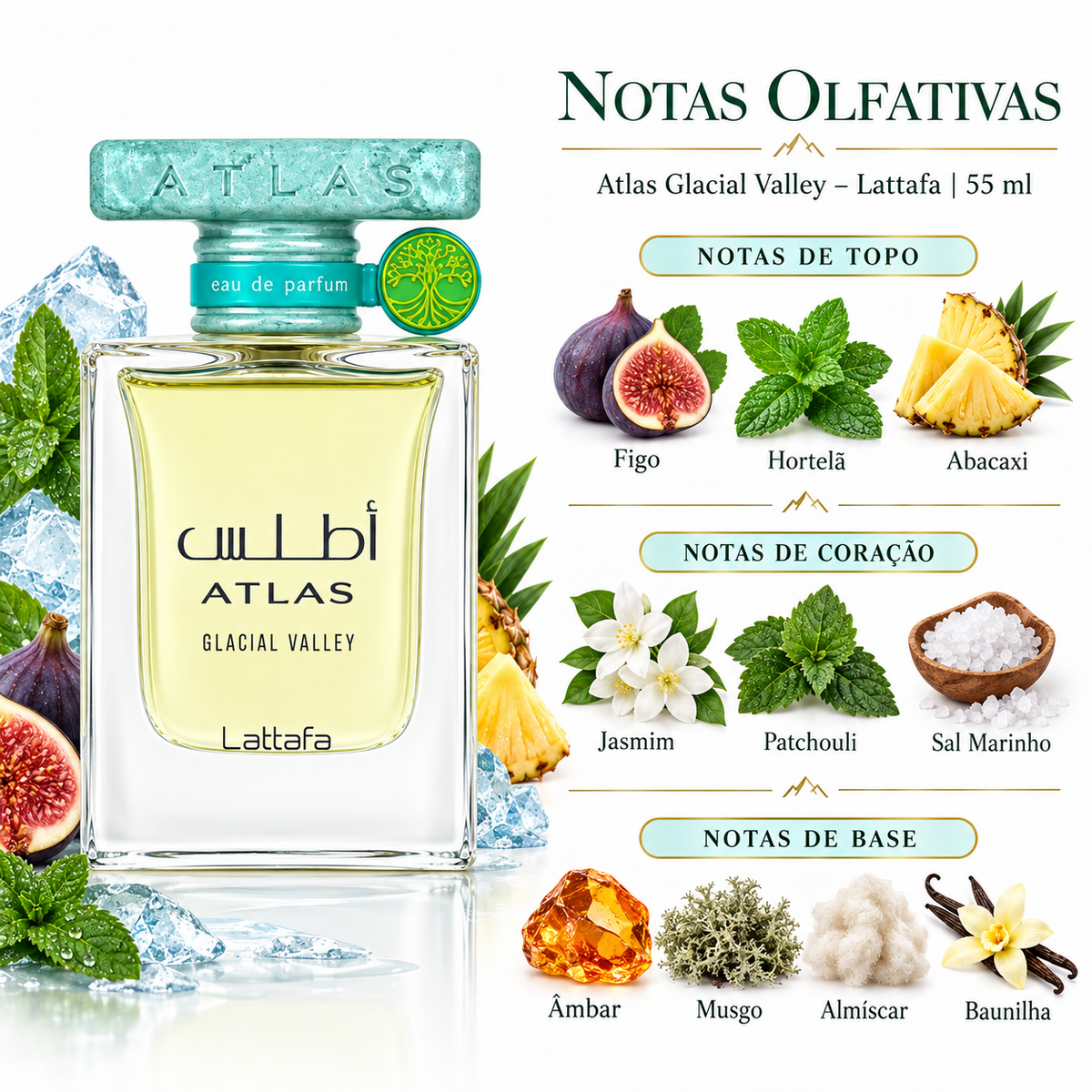 Notas olfativas do perfume Lattafa Atlas Glacial Valley 55 ml