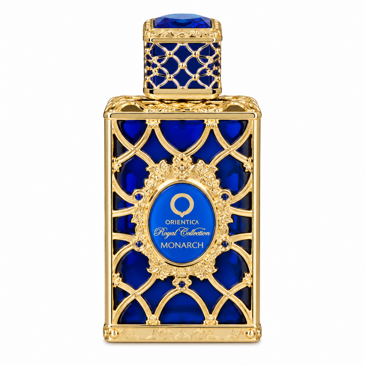 Frasco do perfume Orientica Royal Collection Monarch 80 ml em fundo branco