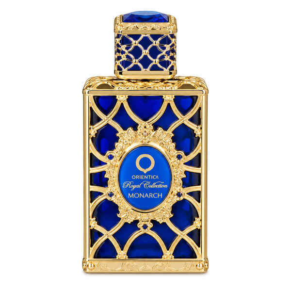 Frasco do perfume Orientica Royal Collection Monarch 80 ml em fundo branco